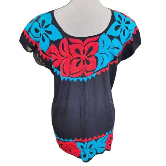 Mexican Embroidered Peasant Top Size Medium Black Boho - Picture 3 of 4
